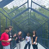 Students posing for a picture on the blue bridge at GVSU during orientation